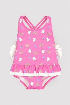 Bañador bebé niña detalles volantes y lazos estampado unicornios rosa