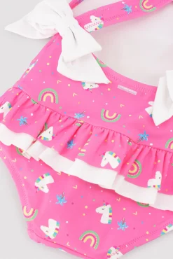 Bañador bebé niña detalles volantes y lazos estampado unicornios rosa