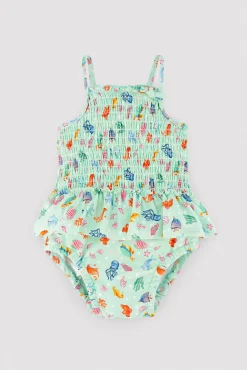 Bañador bebé niña detalle volante y nido de abeja estampado fauna marina