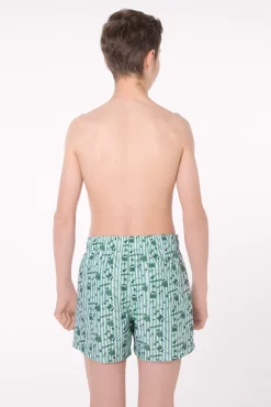 Bañador juvenil corto estampado rayas y motivos veraniegos verde