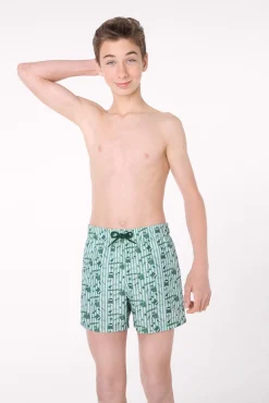 Bañador juvenil corto estampado rayas y motivos veraniegos verde