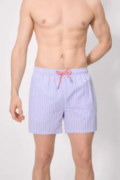 Bañador medio estampado contrastado rayas azules y naranjas
