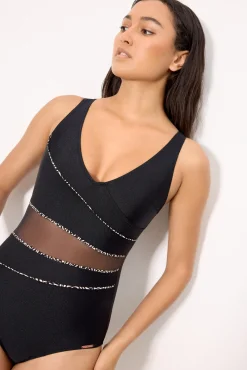 Bañador negro moldeador con tul transparente con brillo negro copa B