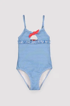 Bañador niña detalle lazo y volantes estampado rayas