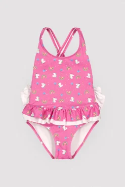 Bañador niña detalles volantes y lazos estampado unicornios rosa