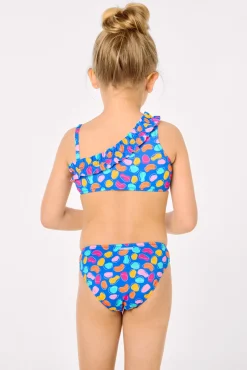 Bikini niña detalle fruncido estampado formas orgánicas multicolor