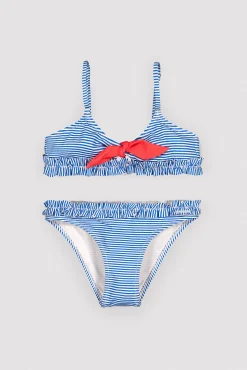 Bikini niña detalle lazo y fruncidos estampado rayas
