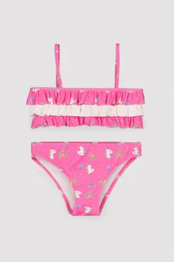 Bikini niña detalle volantes estampado unicornios rosa