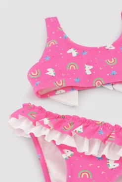 Bikini niña detalle volantes y lazos estampado unicornios rosa