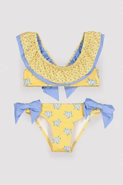 Bikini niña detalle volante y lazos estampado tortugas amarillo