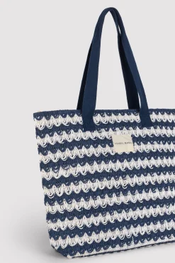 Bolso de playa de rafia blanco y marino