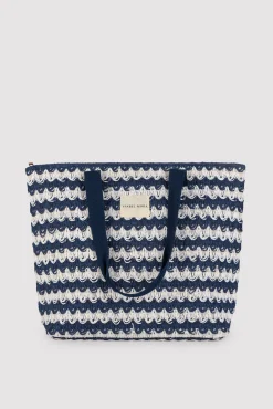 Bolso de playa de rafia blanco y marino
