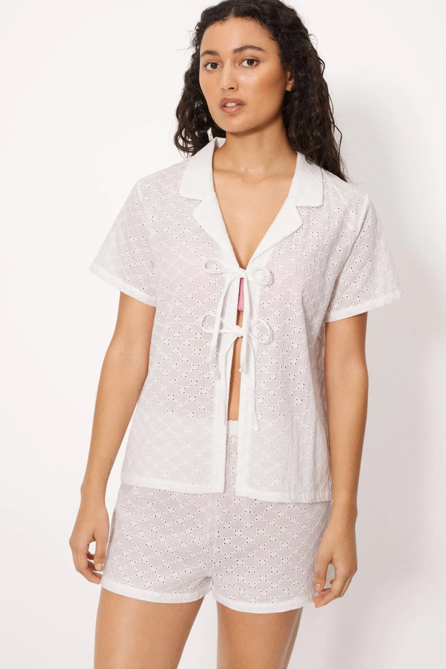 Camisa manga corta algodón bordado blanco