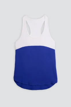 Camiseta deportiva tirantes nadadora blanca y azul eléctrico