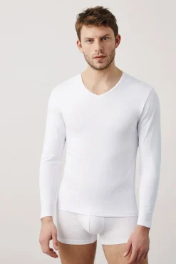 Camiseta interior manga larga cuello pico blanco