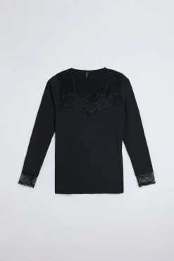 Camiseta manga larga microfibra encaje escote y puños negra