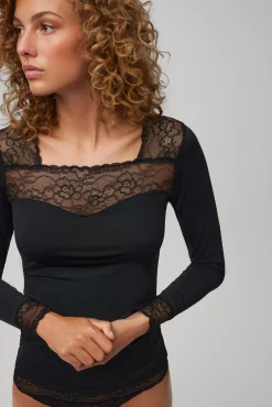 Camiseta manga larga microfibra encaje escote y puños negra