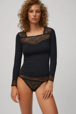 Camiseta manga larga microfibra encaje escote y puños negra