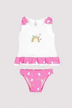 Conjunto bebé camiseta y braguita baño detalles volantes y lazos estampado unicornios rosa
