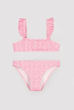 Conjunto bikini niña detalles volantes estampado leopardo rosa