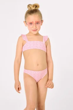 Conjunto bikini niña detalles volantes estampado leopardo rosa