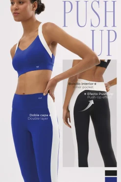 Leggings deportivos largos efecto push-up azul con franja en contraste
