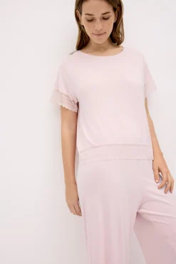Pijama ligero camiseta manga corta y pantalón capri ancho rosa
