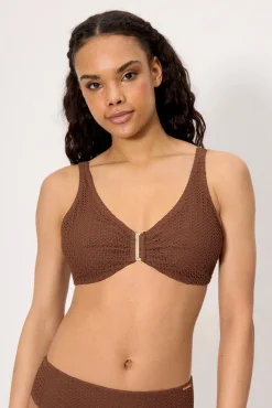 Top bikini reductor tejido calado marrón copa C