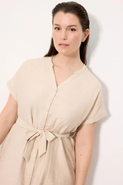 Vestido camisero manga corta con lino