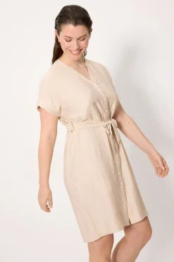 Vestido camisero manga corta con lino